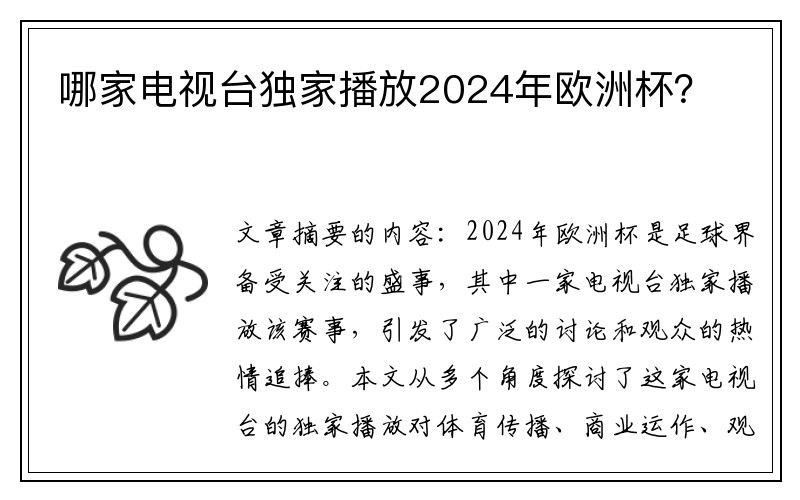 哪家电视台独家播放2024年欧洲杯？